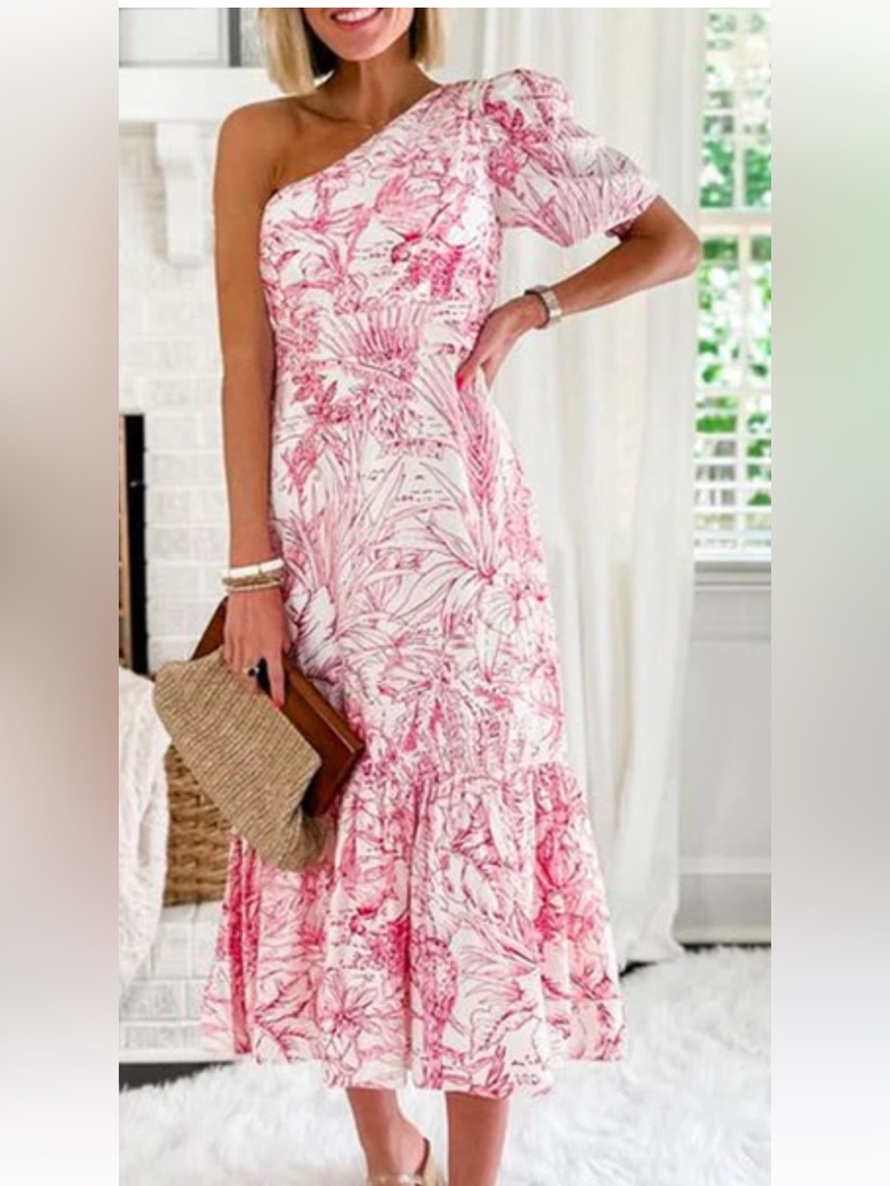 Express tropical print a puff sleeve ruffle hem midi dress